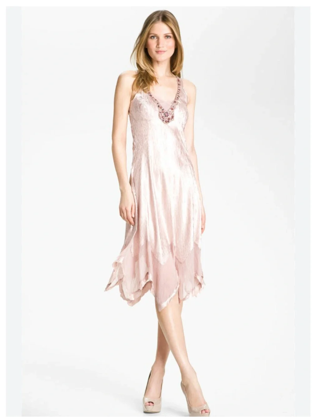 Komarov Embellished Empire Waist Crinkle Satin Dress Blush Pink Size Medium